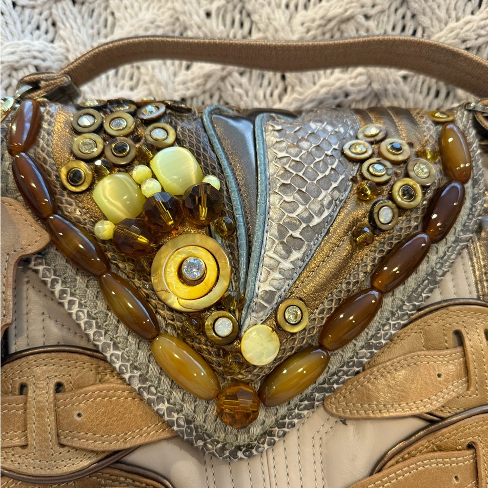 Bracher Emden Buckle Purse Tan Beige Snakeskin Leather Embellished New - Picture 4 of 11